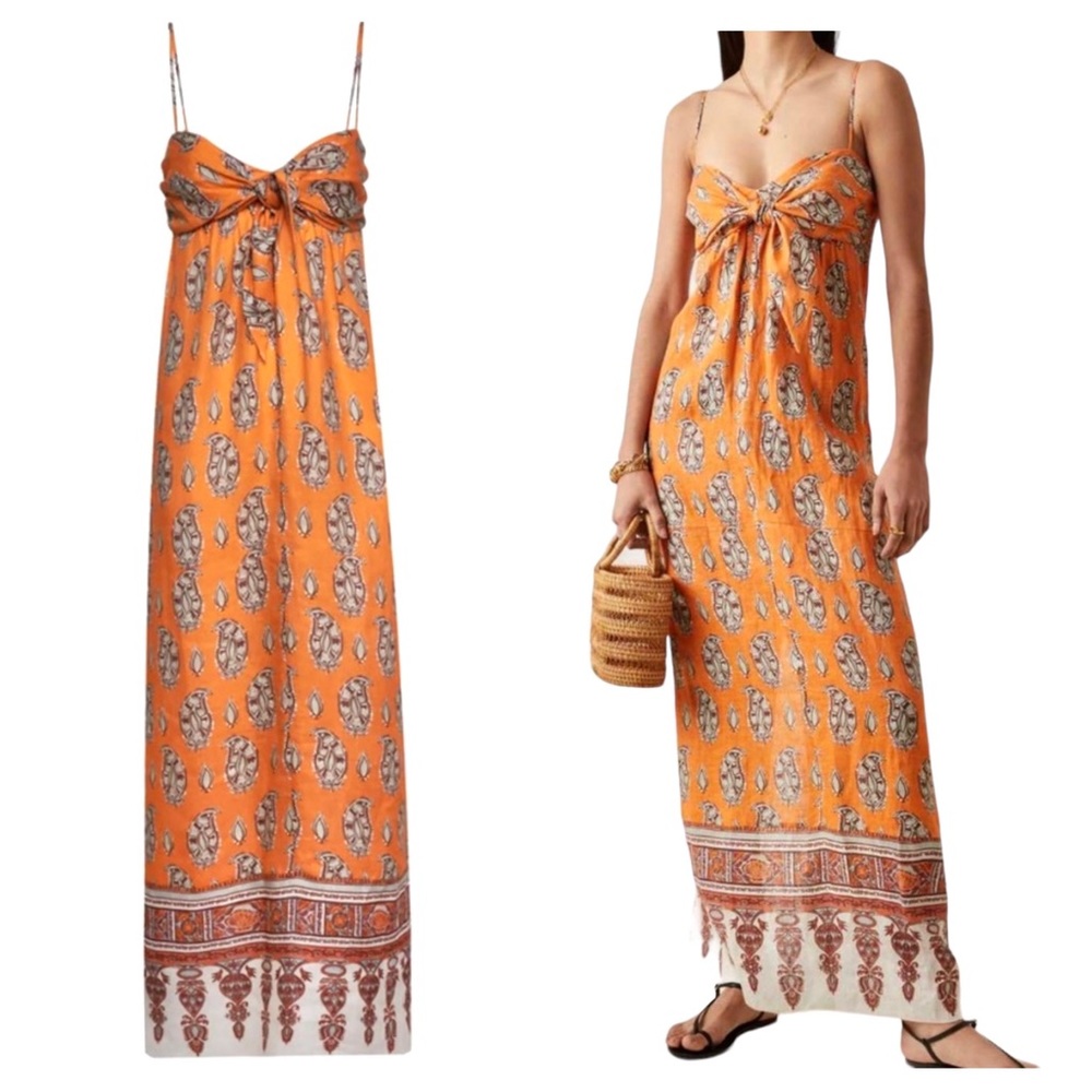 SOLD Johanna Ortiz Charisma of the Tropics Maxi Dress 100% linen orange 0 NWT - Picture 1 of 16